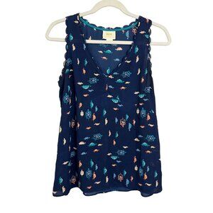 Anthropologie Maeve Navy Blue Turtle Print Scalloped Tank Top Novelty - Size 4